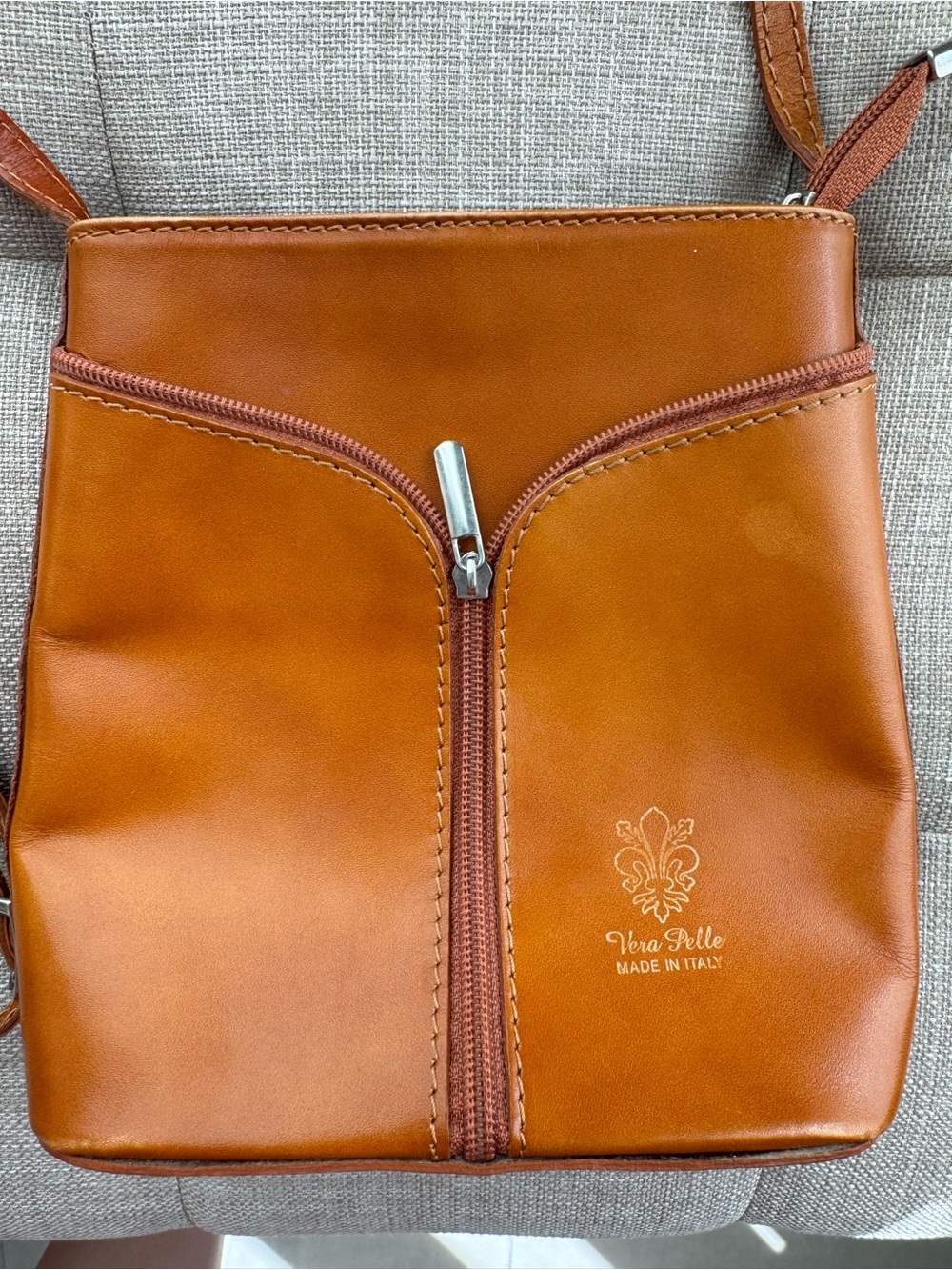 Vera Pelle Cognac Brown Leather Messenger Crossbody Bag